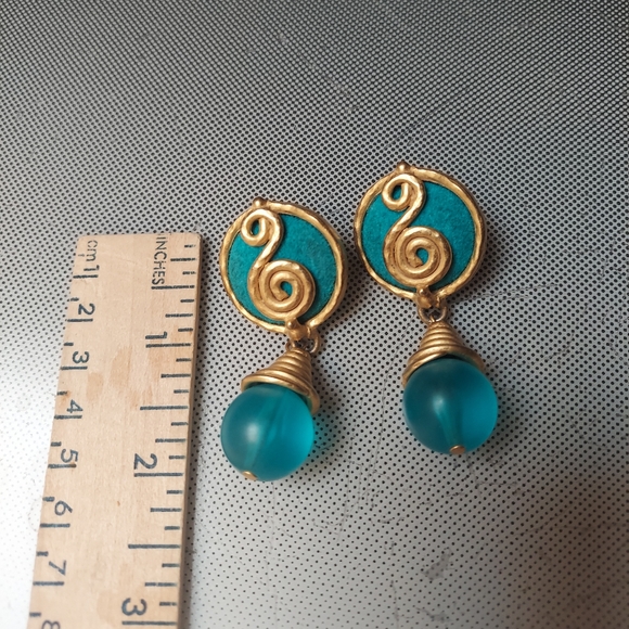 Blue Ocean waves dangle pierced earrings - Picture 2 of 3